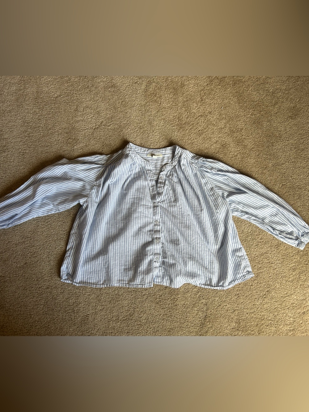 Striped Button-Front Peasant Blouse in Light Blue & White